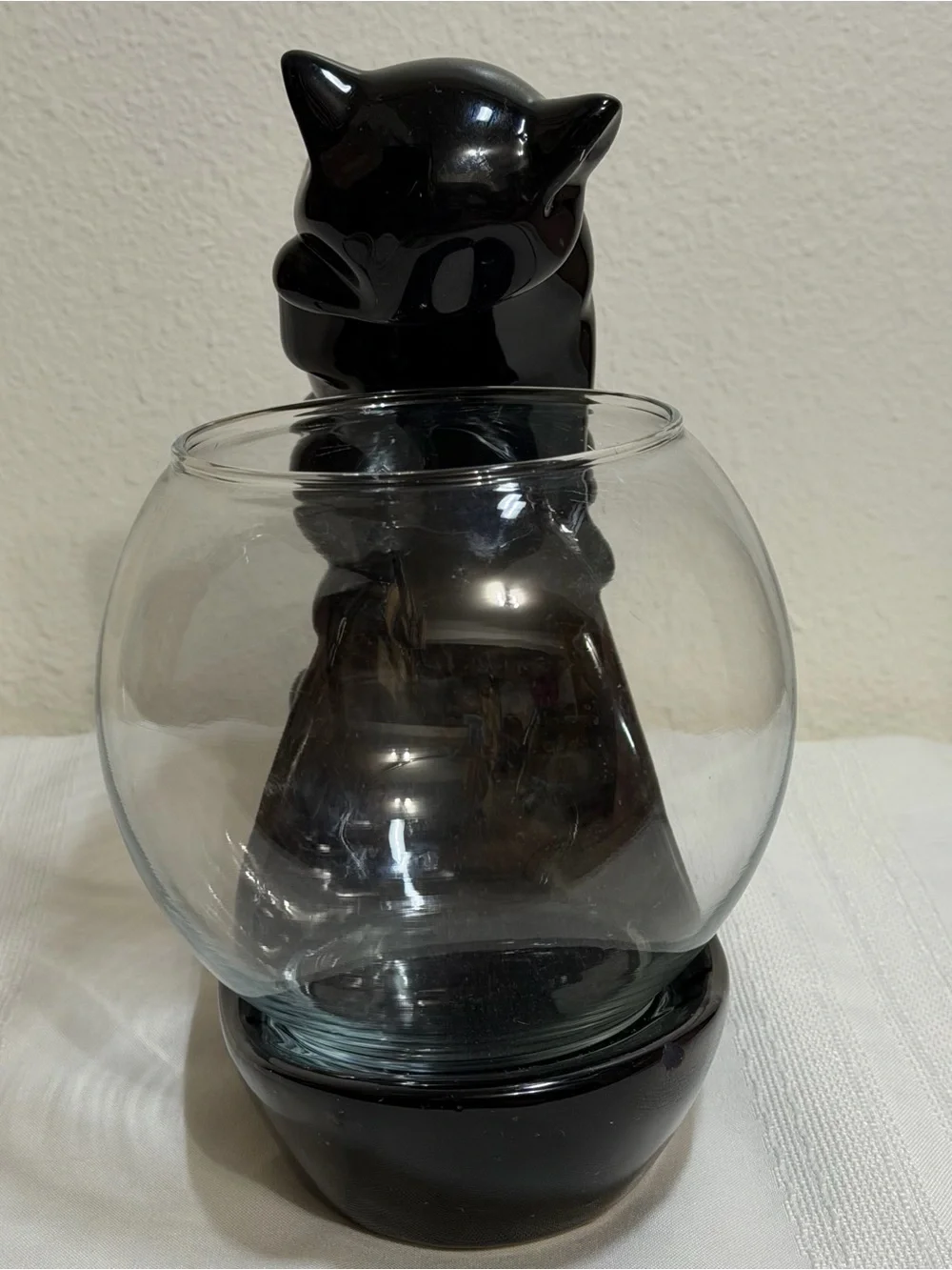 Mid Century Modern Ceramic Black Cat Staring Into Fish Bowl